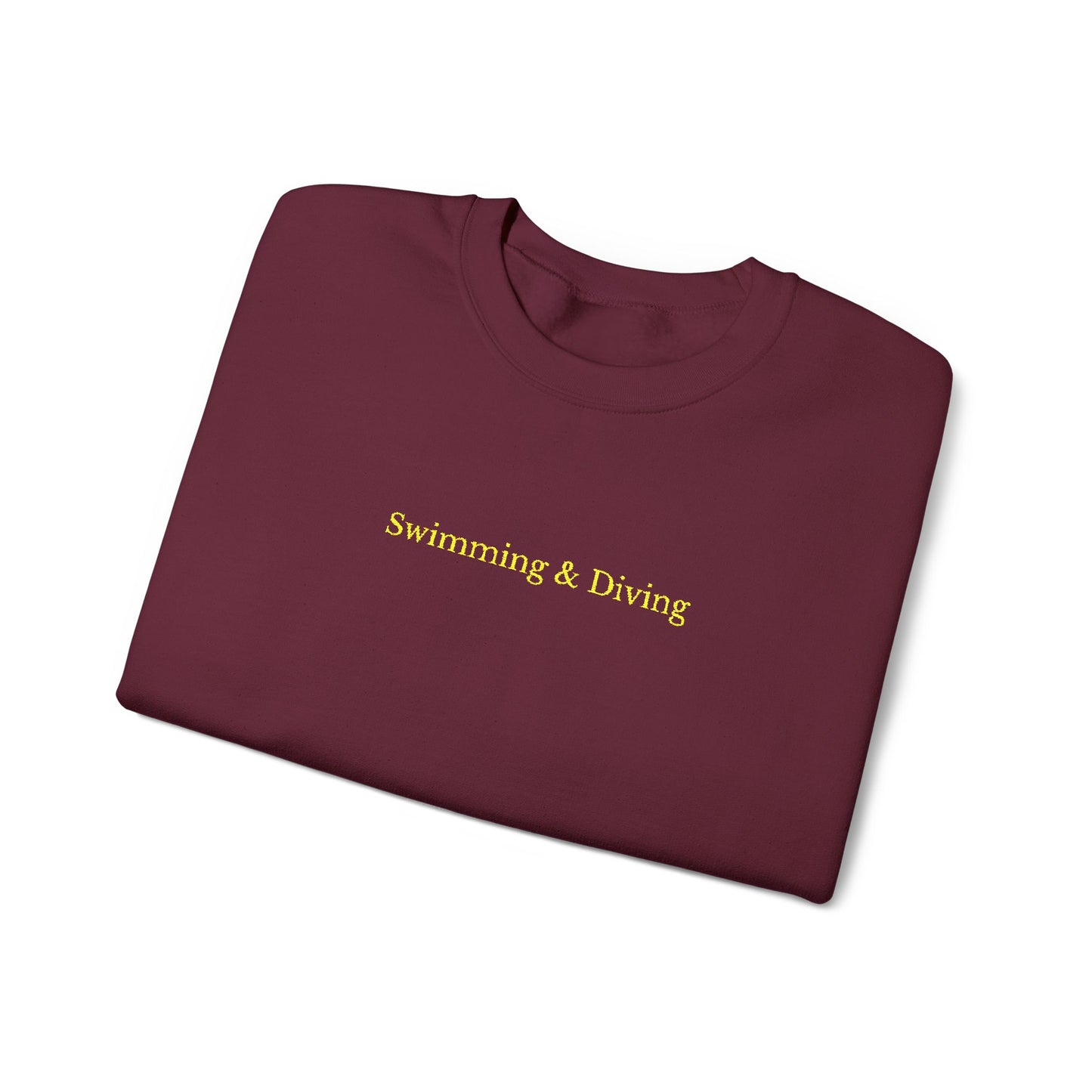 "Swimming & Diving" Minimalist Crewneck Sweatshirt | Collegiate edition - Maroon with Embroidered Gold lettering