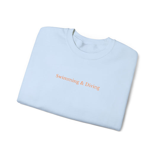 "Swimming & Diving" Minimalist Crewneck Sweatshirt | Collegiate edition Light blue with Embroidered Orange lettering