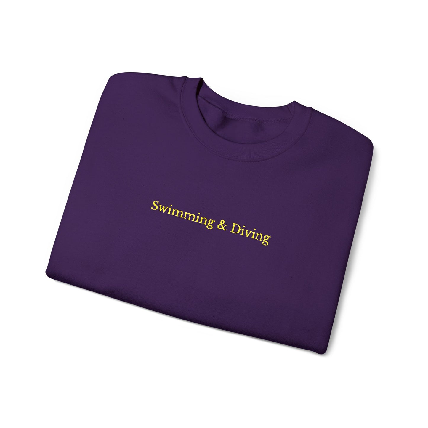 "Swimming & Diving" Minimalist Crewneck Sweatshirt | Collegiate edition - Purple with Embroidered Gold lettering