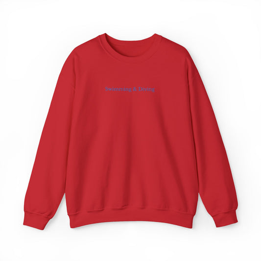 "Swimming & Diving" Minimalist Crewneck Sweatshirt | Collegiate edition - Red with Embroidered Royal Blue lettering