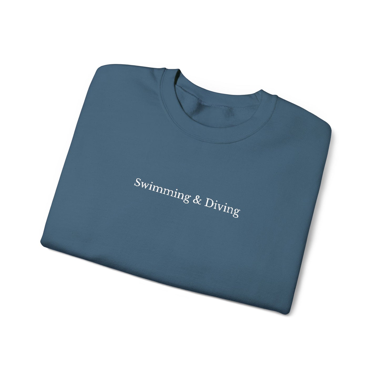 "Swimming & Diving" Minimalist Crewneck Sweatshirt | Embroidered White Lettering