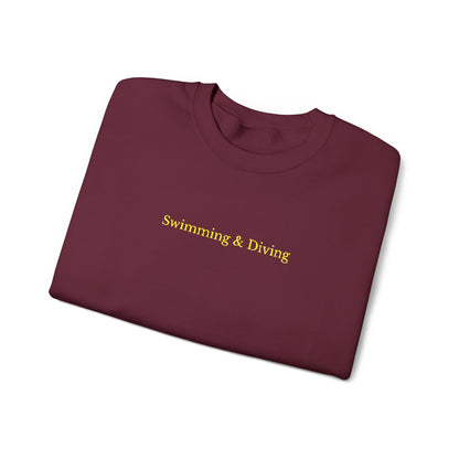 "Swimming & Diving" Minimalist Crewneck Sweatshirt | Collegiate edition - Maroon with Embroidered Gold lettering