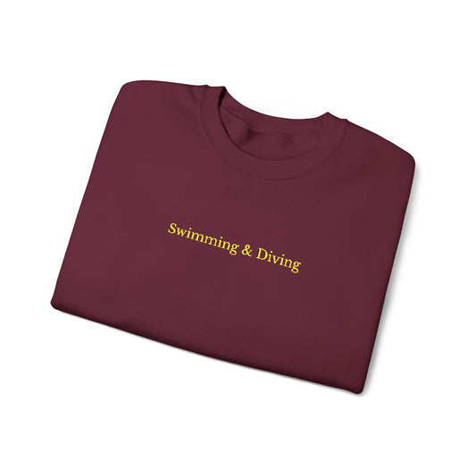 "Swimming & Diving" Minimalist Crewneck Sweatshirt | Collegiate edition - Maroon with Embroidered Gold lettering