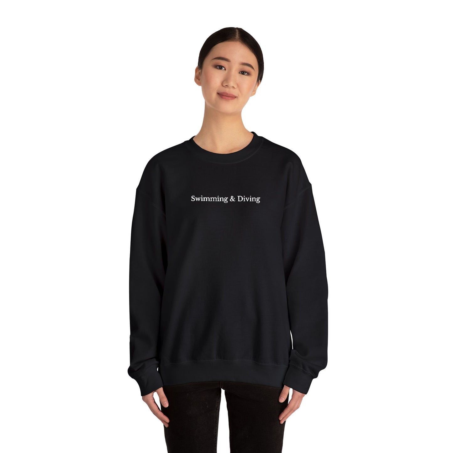 "Swimming & Diving" Minimalist Crewneck Sweatshirt | Embroidered White Lettering