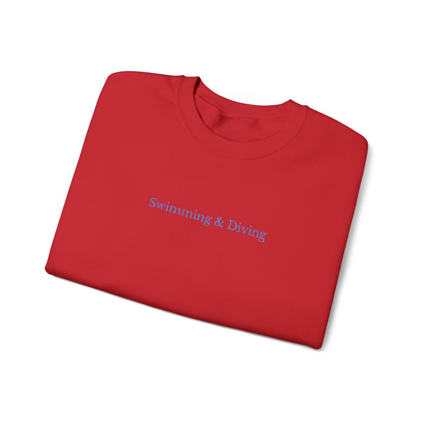 "Swimming & Diving" Minimalist Crewneck Sweatshirt | Collegiate edition - Red with Embroidered Royal Blue lettering