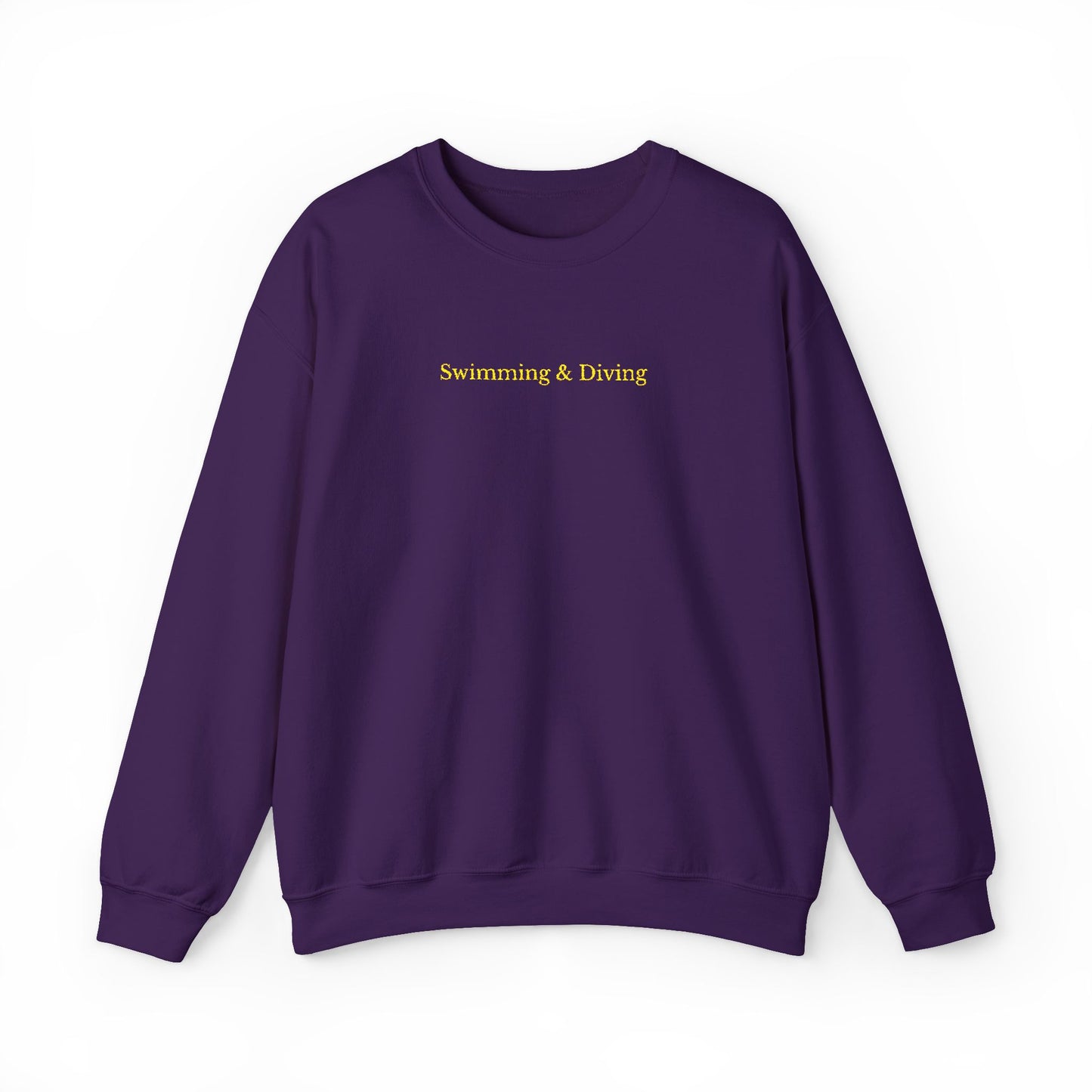 "Swimming & Diving" Minimalist Crewneck Sweatshirt | Collegiate edition - Purple with Embroidered Gold lettering