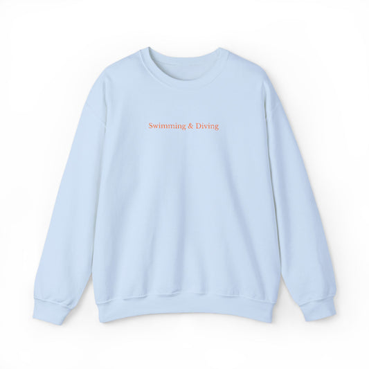 "Swimming & Diving" Minimalist Crewneck Sweatshirt | Collegiate edition Light blue with Embroidered Orange lettering